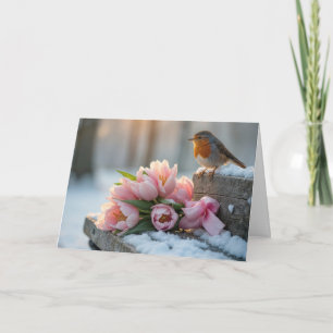 Carte Rouge-gorge printanier avec tulipes roses