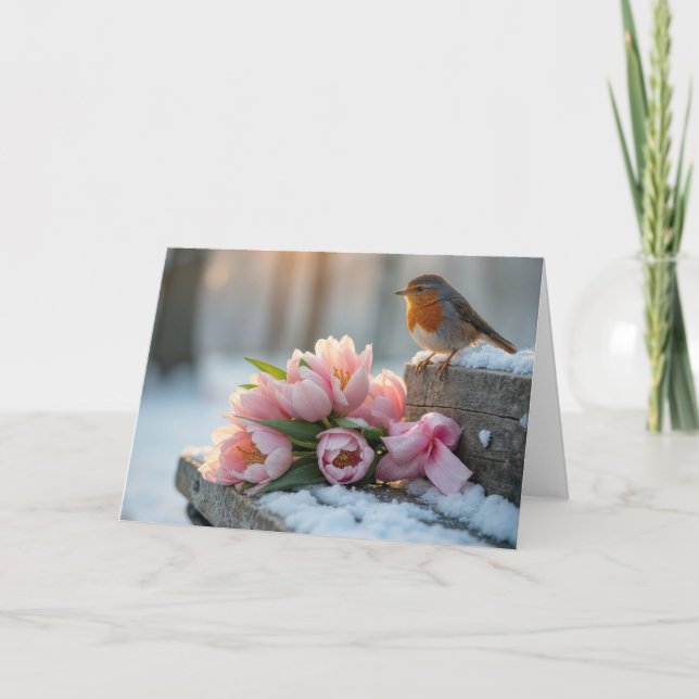 Carte Rouge-gorge printanier avec tulipes roses (Devant)