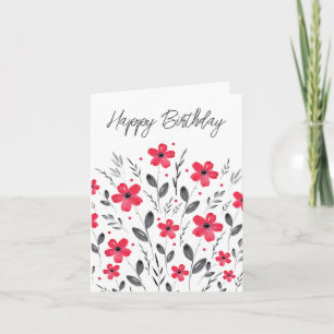 Carte Rouge gris cinq pétales Aquarelle Motif Floral
