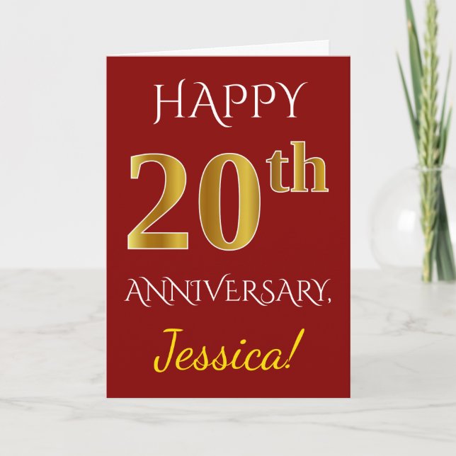 Carte Rouge, Or Faux 20e Anniversaire de Mariage + Nom (Devant)