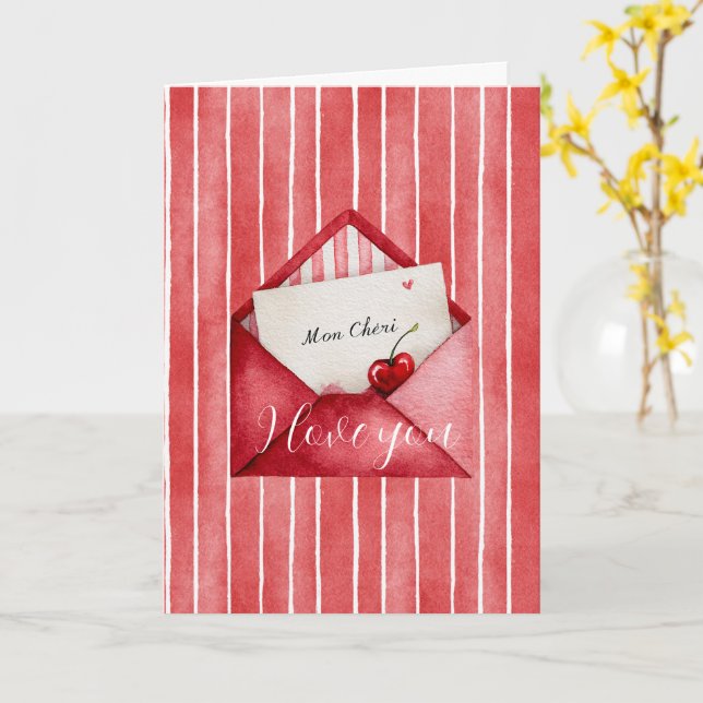 Carte Rouge romantique rayures blanches Mon Cheri Amour (Fleur jaune)