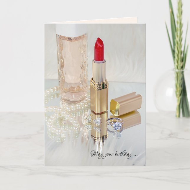 Carte Rouge rouge à lèvres et anniversaire de bijoux (Devant)