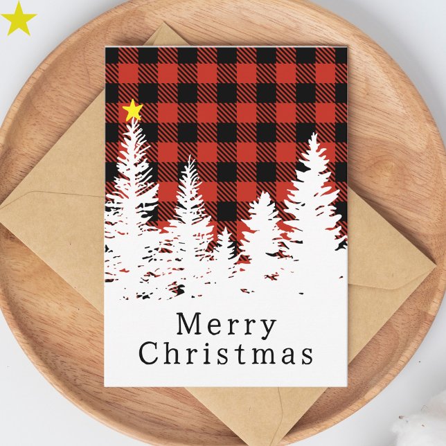 Carte Rouge Rustique Plaid de Buffalo Forêt Joyeux Noël (Créateur téléchargé)