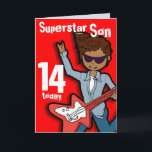 Carte rouge Superstar Son 14e anniversaire<br><div class="desc">Cette carte dit "Superstar 14 aujourd'hui. À l'intérieur : "Joyeux anniversaire". Ou customisez avec vos propres mots. Carte amusante conçue exclusivement par Sarah Trett.</div>