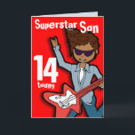 Carte rouge Superstar Son 14e anniversaire<br><div class="desc">Cette carte dit "Superstar 14 aujourd'hui. À l'intérieur : "Joyeux anniversaire". Ou customisez avec vos propres mots. Carte amusante conçue exclusivement par Sarah Trett.</div>