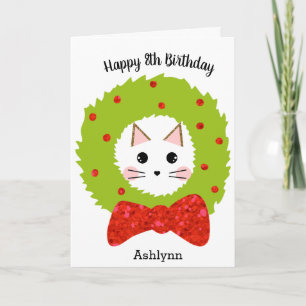 Carte Rouge Vert Paillettes Nœud Chat Noël Anniversaire