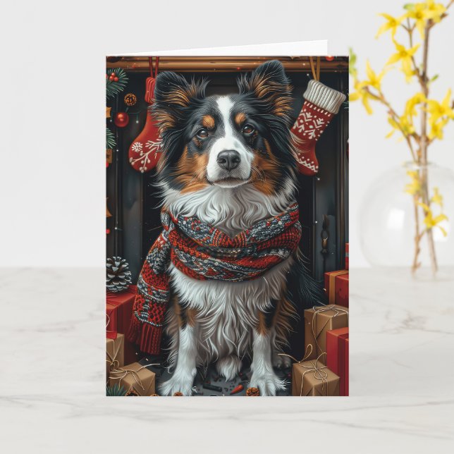 Carte Rough Collie Chien Avec Cadeaux De Noël Cheminée (Fleur jaune)