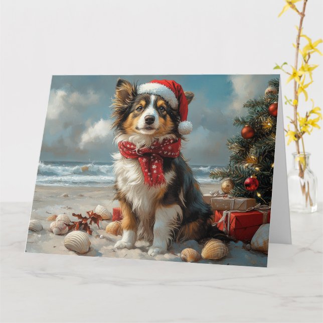 Carte Rough Collie Chien Noël Plage Vintage (Fleur jaune)