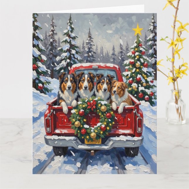 Carte Rough Collie Christmas Red Truck Holiday (Fleur jaune)
