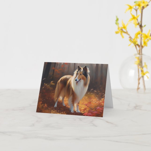 Carte Rough Collie dans les feuilles d'automne qui tombe (Fleur jaune)