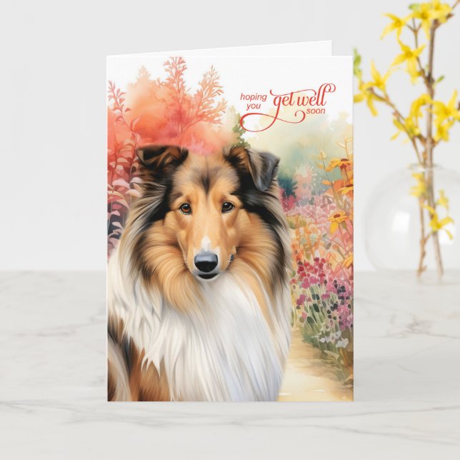 Carte Rough Collie Dog Colorful Garden Path Get Well (Fleur jaune)