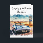 Carte Route 66 Classic Car Joyeux Anniversaire Frère<br><div class="desc">Cette carte d'anniversaire présente une aquarelle numérique représentant le panneau et la chaussée de la Route 66, complétée par une décapotable vintage. C'est une carte idéale pour les hommes qui apprécient les voyages sur route et les voitures classiques. Cette carte personnalisable fait un cadeau réfléchi pour un frère, un mari,...</div>