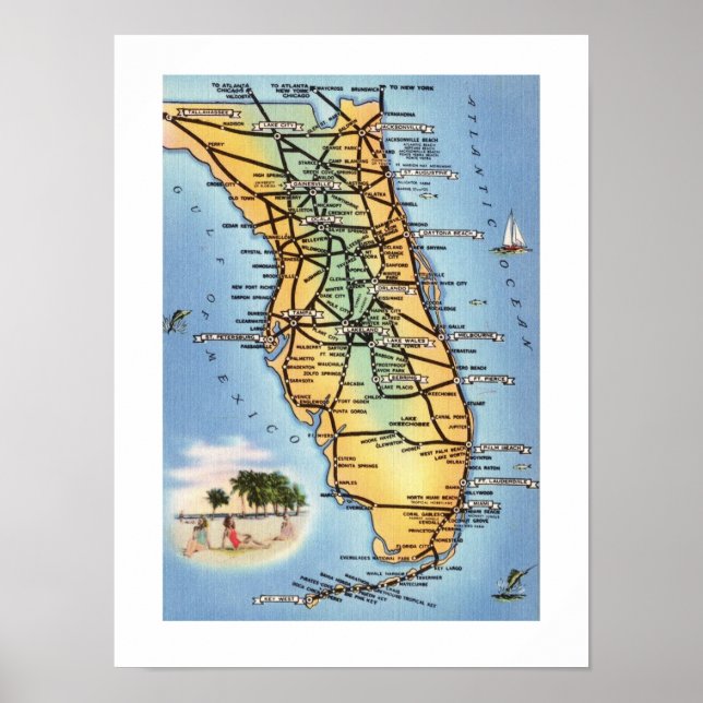 Carte routière Floride 12x16 Poster Imprimer (Devant)