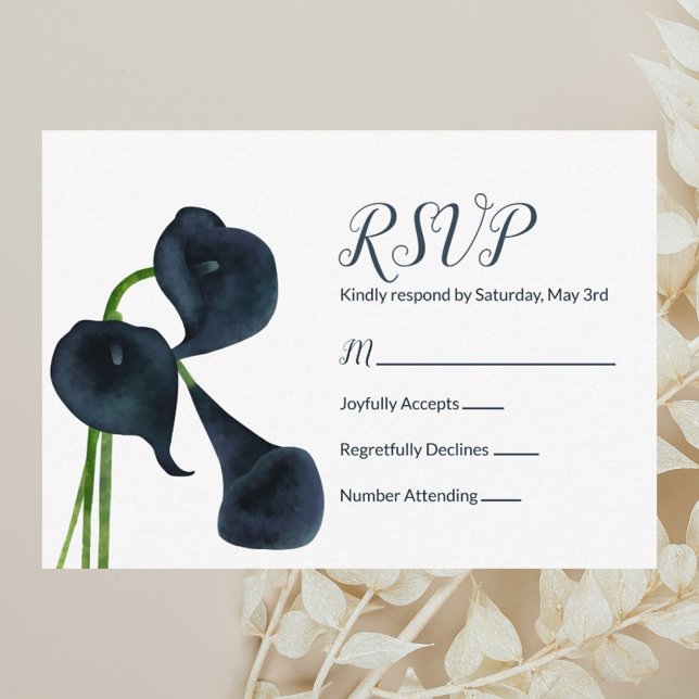 Carte RSVP (navy blue calla lilies wedding rsvp card for fall season botanical weddings)