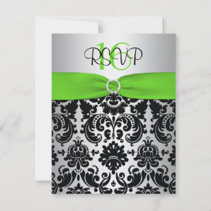 Carte RSVP 16 verte, argentée, noire Damask Sweet
