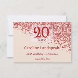 Carte RSVP 20e Anniversaire Rouge Rubis Pailleté B