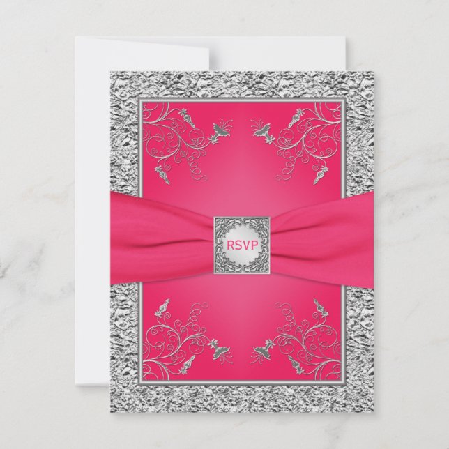 Carte RSVP 2 | Rose, Feuille FAUX Argent, Floral (Devant)
