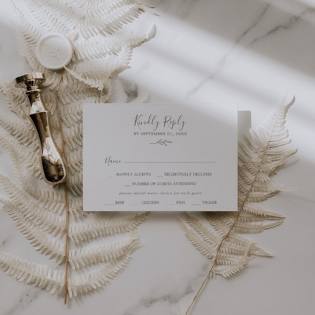 Carte RSVP à menu vert à feuilles minimales imprim (Créateur téléchargé)