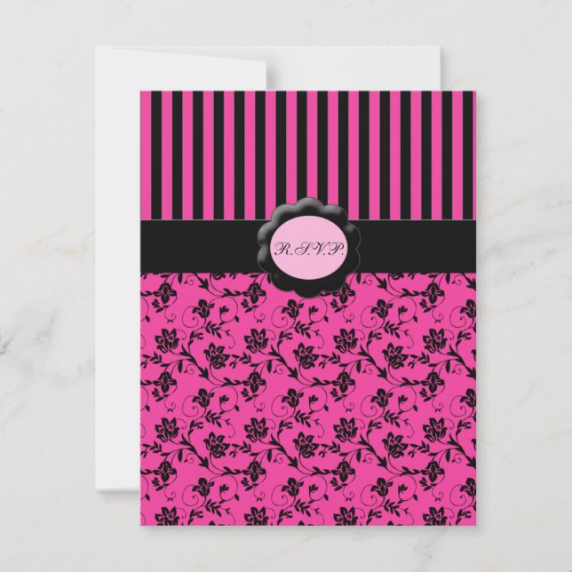 Carte RSVP à rayures rose et noire (Devant)