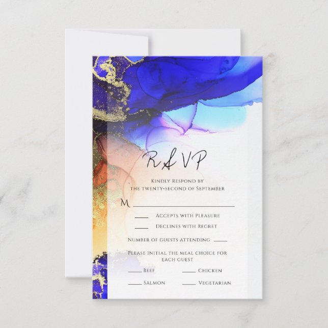 Carte RSVP Abstraite Blue Orange Gold Wedding (Devant)