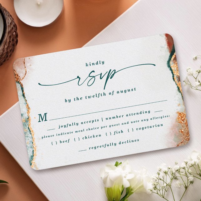 Carte RSVP Abstraite pour le Mariage de cuivre (Elegant Teal and Copper Wedding Meal Choice RSVP Cards)