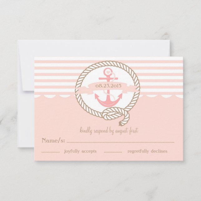 Carte RSVP Ancre rose et rayures nautiques (Devant)