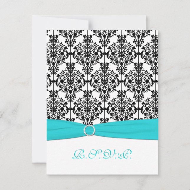 Carte RSVP Aqua, Blanc, Noir Damask II (Devant)