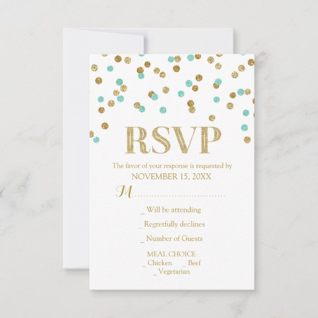Carte RSVP Aqua Blue Gold Confetti Wedding (Devant)