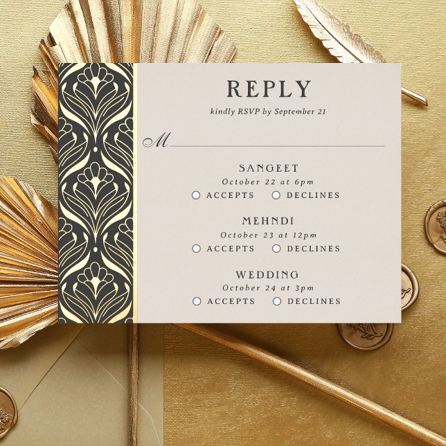 Carte RSVP Art Deco Gold Floral Mariage multi-évén (multi event RSVP card, indian wedding invitation response card, hindu wedding reply card enclosure)