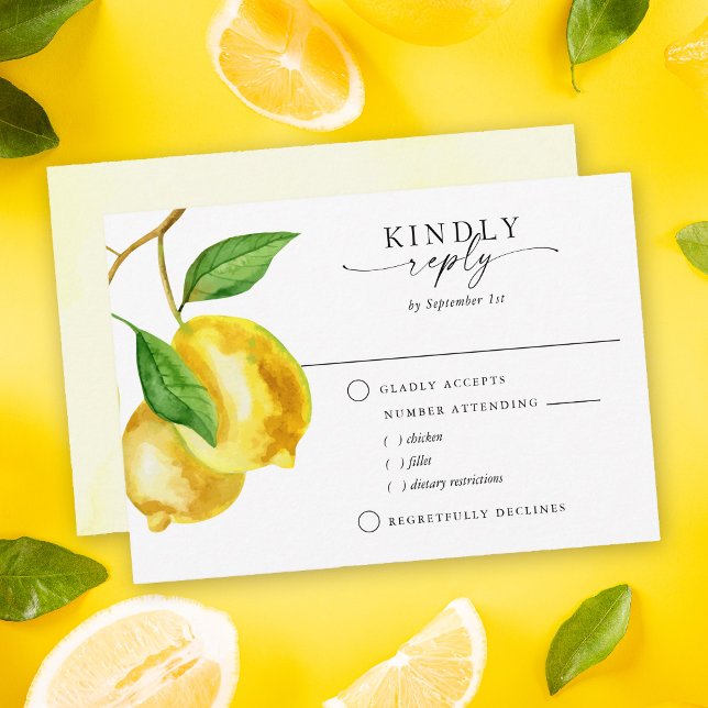 Carte RSVP au choix du repas d'aquarelle citron Ci (Our Citrus Lemon Watercolor RSVP Card is the perfect way to gather RSVP responses from your wedding )