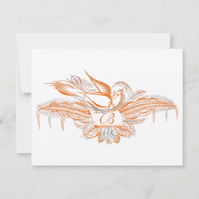 Carte RSVP avec flourish oiseaux corail orange et  (Devant)