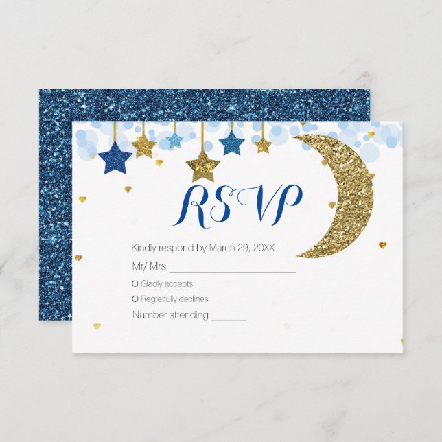 Carte RSVP Baby shower Marine Blue Gold Moon (Devant / Derrière)