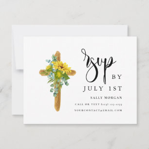 Carte RSVP Baptism rustique Bois Cross Élégant Scr