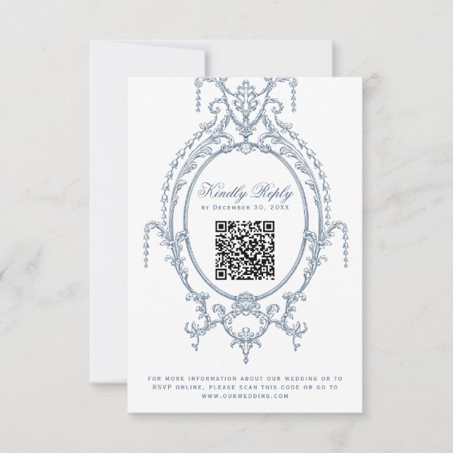 Carte RSVP Baroque Ornat Bleu Français Code QR (Devant)