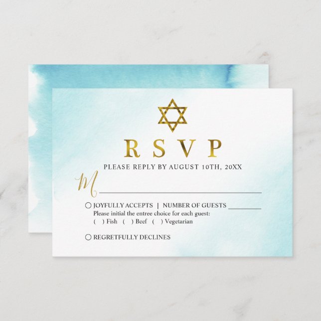 Carte RSVP Bat mitzvah Aquarelle Pastel Blue Gold (Devant / Derrière)
