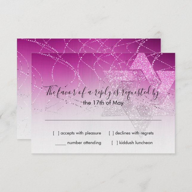 Carte RSVP bat mitzvah Magenta Rose Star Glittery (Devant / Derrière)