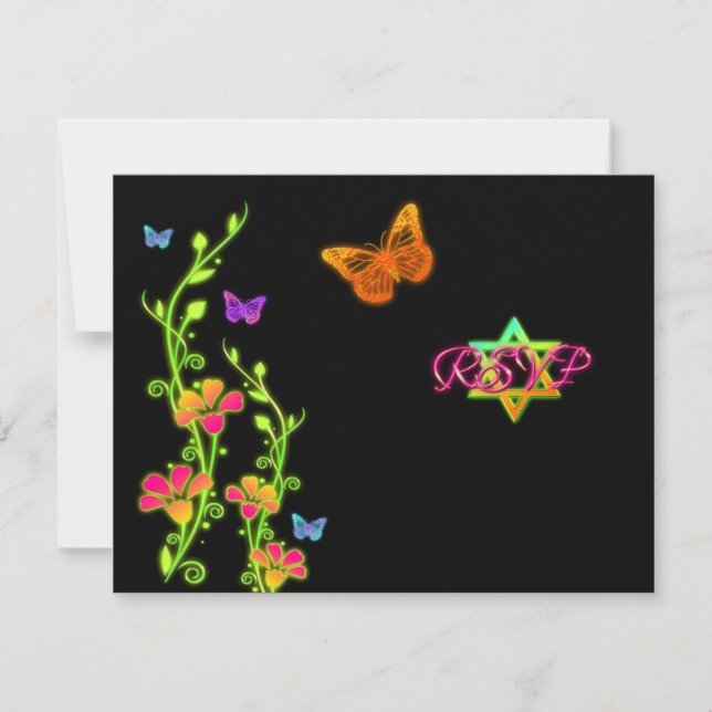 Carte RSVP Bat mitzvah néon papillons et fleurs (Devant)