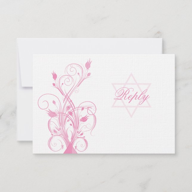 Carte RSVP Bat mitzvah rose Floral sur lin blanc (Devant)