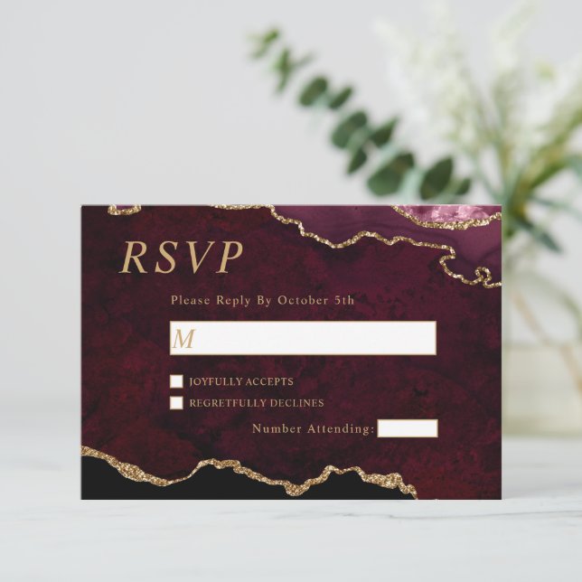 Carte RSVP Black & Burgundy Gold Wedding (Debout devant)