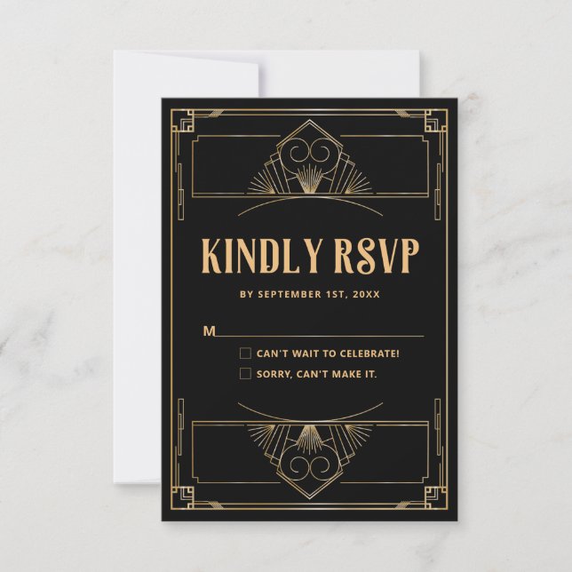 Carte RSVP Black Gold Art Déco 20s Mariage QR Code (Devant)