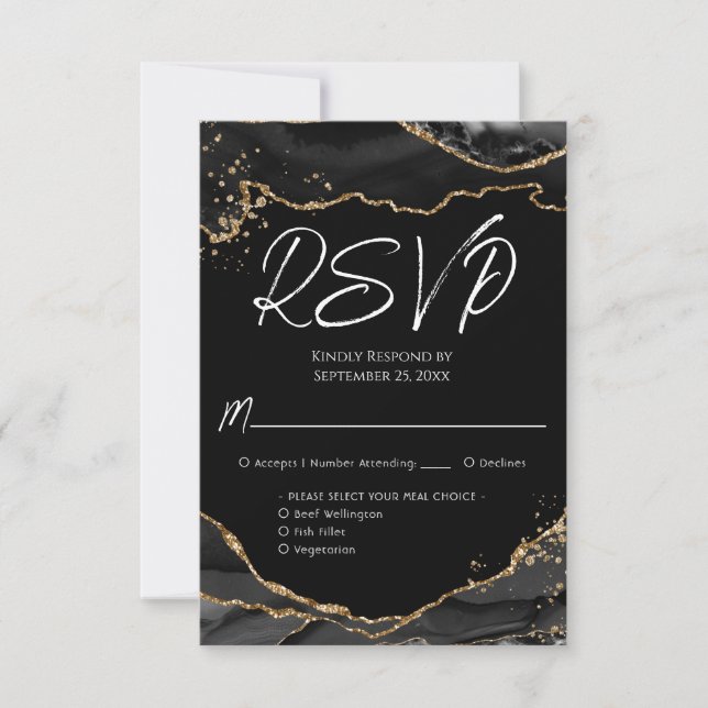 Carte RSVP Black Gold Parties scintillant Agate St (Devant)
