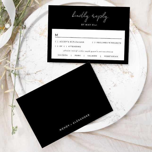 Carte RSVP Black Simple Modern Script Wedding (Créateur téléchargé)