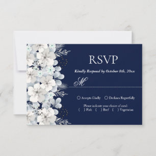 Carte RSVP blanc fleur sakura bleu marine