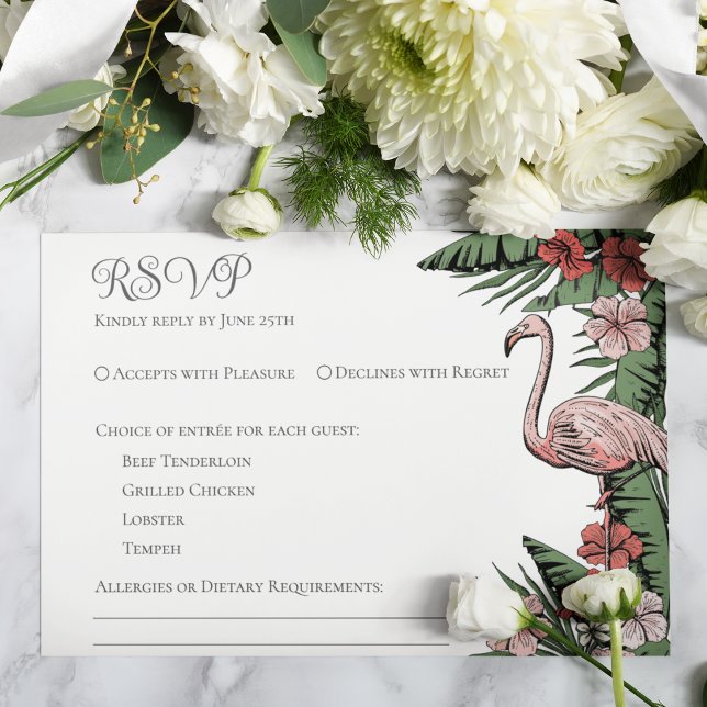 Carte RSVP blanche Mariage tropical (Elegant & Chic White Floral Flamingo Tropical, Summer or Beach Wedding RSVP Response Card. )