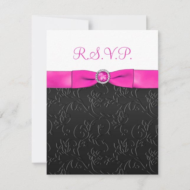 Carte RSVP blanche, noire RIBBON, rose chaud (Devant)