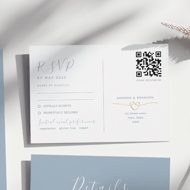 Carte RSVP bleu Dusty avec Mariage de code QR (Créateur téléchargé)