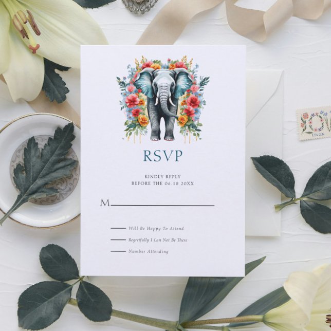 Carte RSVP bleu et blanc Floral Elephant Bay (Créateur téléchargé)