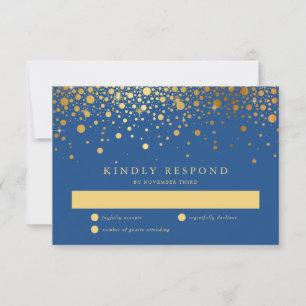 Carte RSVP bleu Faux Gold Foil Confetti Dots