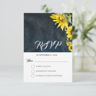 Carte RSVP bleu marine et or Sunflowers