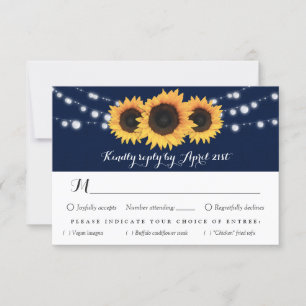 Carte RSVP bleu marine et tournesol choix de repas